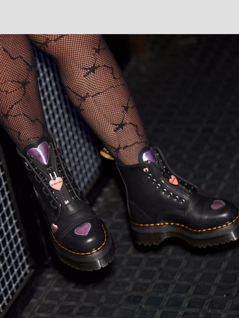 Dr. Martens Black Leather Combat Boots with Purple and Pink Heart Accents Sz 5